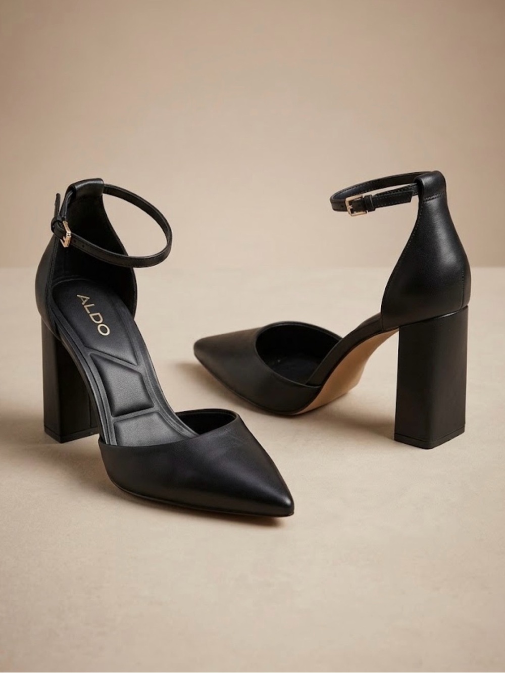Aldo black ankle strap pointed toe block heel pumps size 8.5